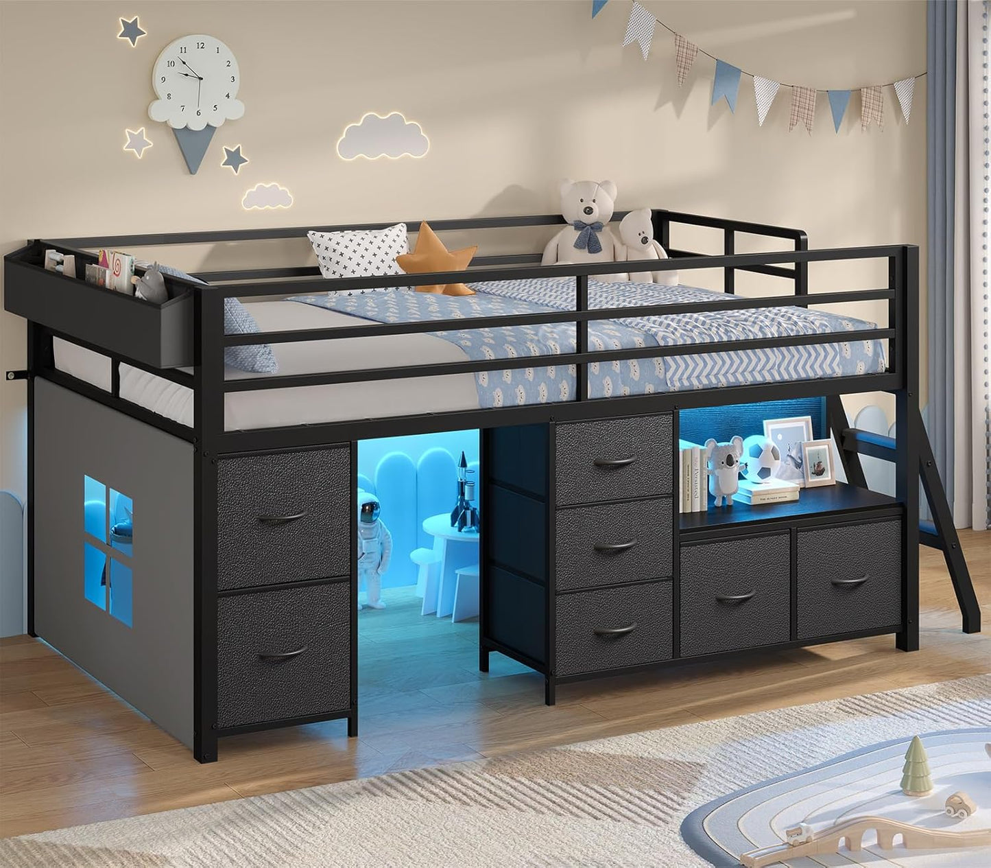 Low Loft Bed Twin Size with 7 Storage Drawers, Bookcase and LED Lights, Metal Kids Loft Bed with 14" H Safety Guardrail,Inclined Ladder and Play Curtain, Under-Bed Play Space, Black