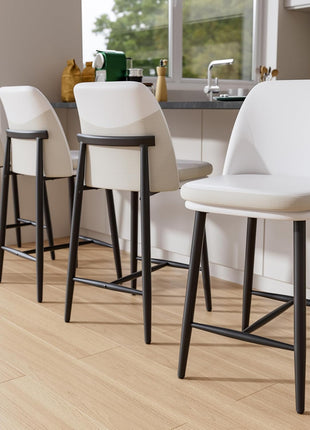 Set of 2 Modern Upholstered Counter Height Bar Stools, 26-Inch with Backrest, Textured Leather and Fabric, Metal Legs for Kitchen Island and Dining Room, White