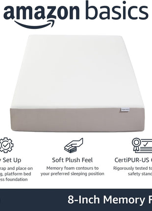 8-Inch Twin Memory Foam Mattress with Plush Comfort and Breathable Design, Body-Conforming, White/Grey