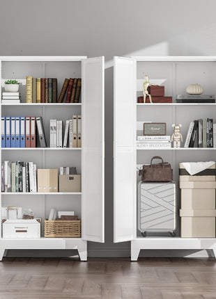 61" White Farmhouse Storage Cabinet with 2 Barn Doors, 3 Adjustable Shelves, and Legs for Versatile Use in Kitchen, Dining Room, Bathroom, Living Room, Office, or Laundry Room