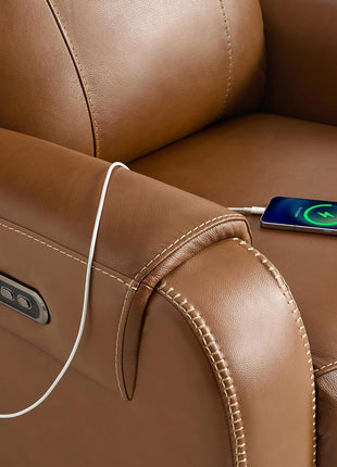 Genuine Leather Power Recliner Sofa with Wall Hugger Design, Dual Motors, USB Charging Ports, Ideal for Living Room and RV, Saddle Leather Finish