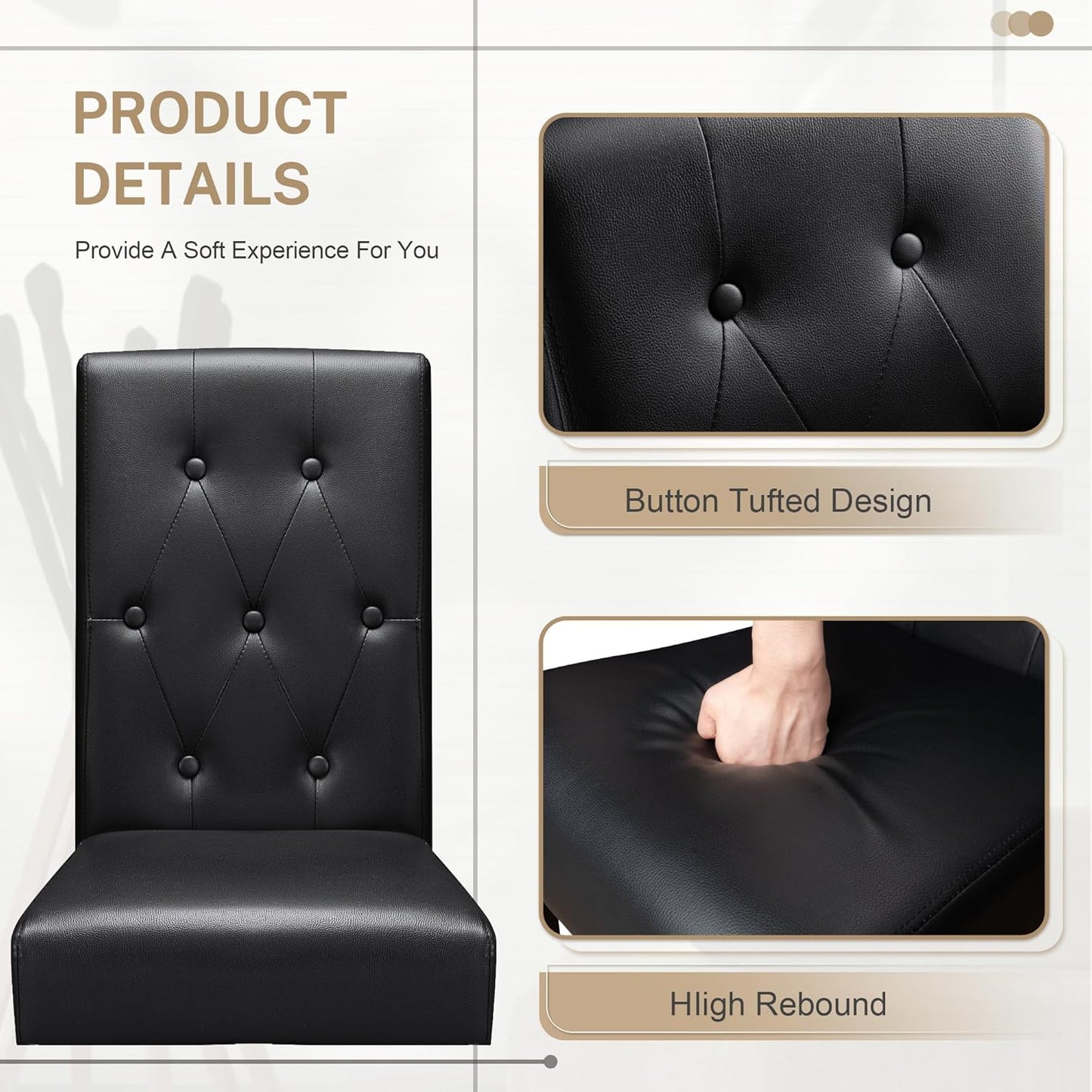 Upholstered Dining Chairs Set of 2, PU Leather Dinning Room Chairs, Button Tufted Kitchen Chairs with Adjustable Wood Legs for Dining Room/Living Room/Restaurant (Leather Black, 2)