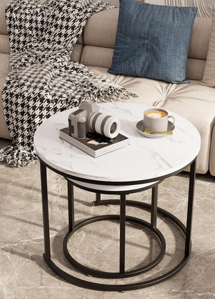 Set of 2 Round Nesting Coffee Tables Featuring White Faux Marble Tops and Black Steel Frames for Living Room, Bedroom, and Balcony Use