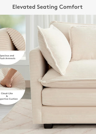 150'' Modular Sectional Cloud Couch, 7 Seater Corner Sofa Big Comfy Corduroy V Shaped Couch with 4 Throw Pillows, Convertible Chaise, Ottoman, Couches for Living Room Office Beige