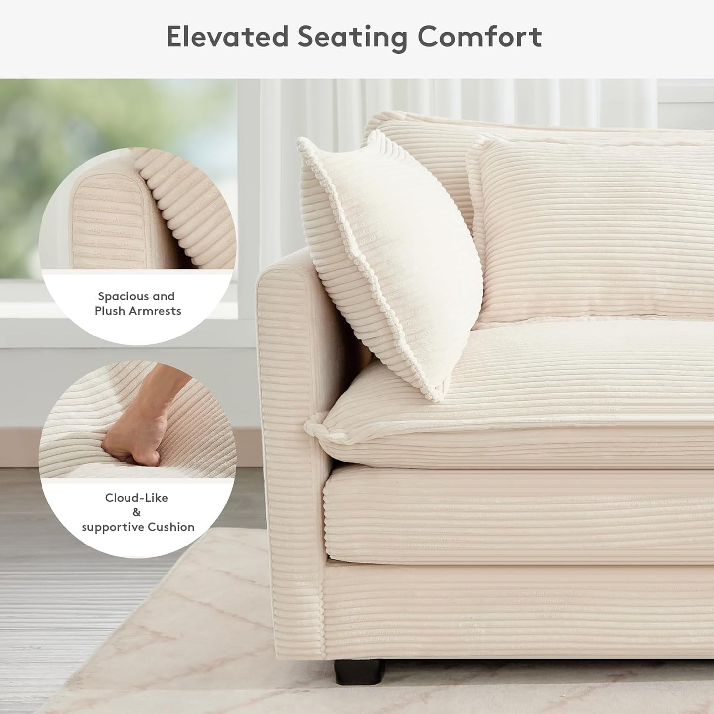 113'' Modular Sectional Cloud Couch, 5 Seater Corner Sofa Big Comfy Corduroy Oversized L Shaped Couch with 2 Pillows, Chaise, Ottoman, Deep Seat Sectional Couches for Living Room Office, Beige