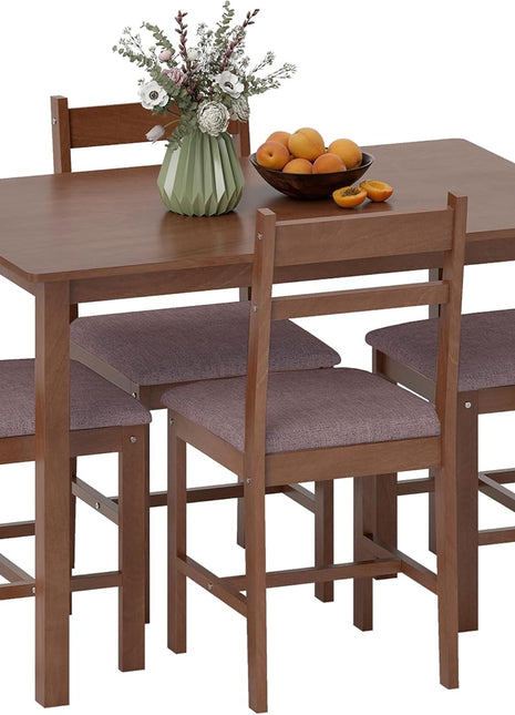 5-Piece Farmhouse Style Solid Wood Dining Set for Four with Upholstered Chairs, Perfect for Compact Spaces, Light Brown and Brown Finish