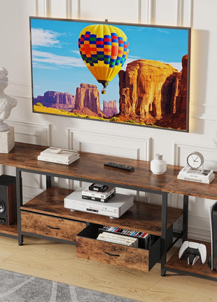 55.1" Rustic Brown TV Stand with Fabric Drawer - Industrial Style Entertainment Center and Console Table with Open Storage Shelves for Living Room and Bedroom