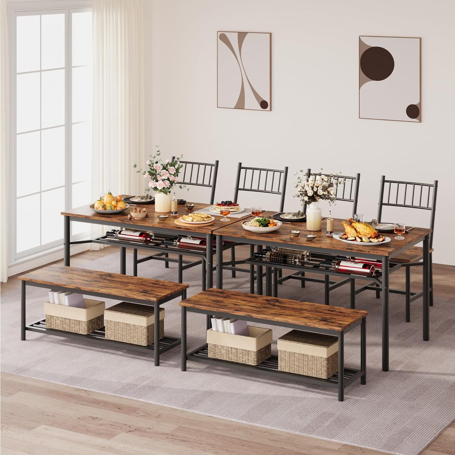 Dining Table Set for 4 with Bench and Chairs, 4-Piece Kitchen Table Set with Storage – Space-Saving Dining Table for Apartments and Dining Rooms, Brown
