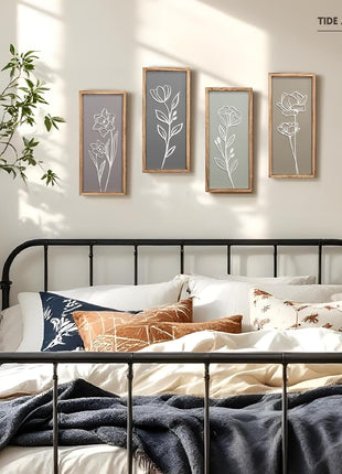3D Wooden Floral Wall Art Set (4 Pieces) - Lightweight, Ready-to-Hang Framed Decor for Living Spaces - Premium Boho Botanical Farmhouse Decorations - Gift-Boxed