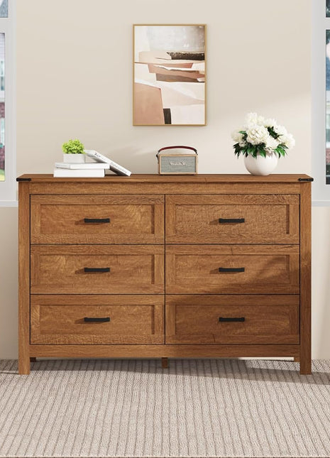 3-Piece Bedroom Furniture Set - Features 6-Drawer Dresser and Pair of Nightstands with Open Storage Shelf and Drawers, Rustic Brown Finish
