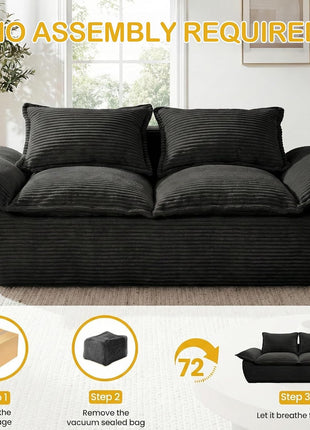 59-Inch Boneless Loveseat Sofa - Black 2-Seater with Removable Cushions and 2 Pillows, Compact Foam Couch for Living Room, Apartments, and Office