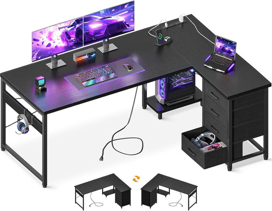 L Shaped Gaming Desk with 4 Drawers, 61" Reversible Home Office Desks with Power Outlets, L Shaped Computer Desk with USB Charging Port and Host Stand, Corner Desk, Easy to Assemble, Black