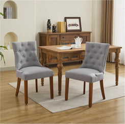 Upholstered Tufted Dining Chairs Set of 2, Fabric Side Dining Room Chairs with Nailhead Back Ring Pull Trim Solid Wood Legs, Grey