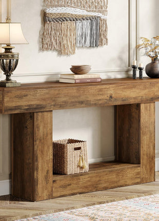 63-Inch Vintage Brown Farmhouse Console Table with U-Shaped Base and Two-Tier Design for Living Room, Hallway, and Foyer