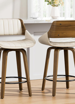 Set of 2 Mid Century Modern Swivel Counter Height Bar Stools, 26" Upholstered Faux Leather with Bentwood Back and Legs, Cream White for Kitchen Island and Dining Room