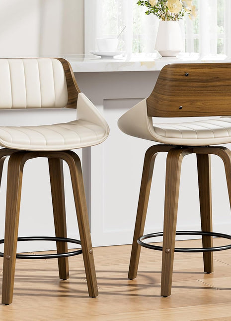 Set of 2 Mid Century Modern Swivel Counter Height Bar Stools, 26" Upholstered Faux Leather with Bentwood Back and Legs, Cream White for Kitchen Island and Dining Room