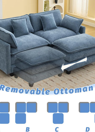 76-Inch Cloud Deep Seat Upholstered Chenille Modular Loveseat Sofa with Movable Ottoman, Modern 3-Seat Sectional Couch for Living Room and Small Apartments, Blue