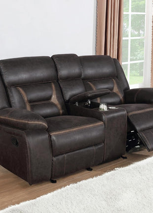 Greer Faux Leather Upholstered Motion Reclining Loveseat with Console, Lift-Top Storage, and Built-In Cupholders for Living Room and Home Theater, Brown