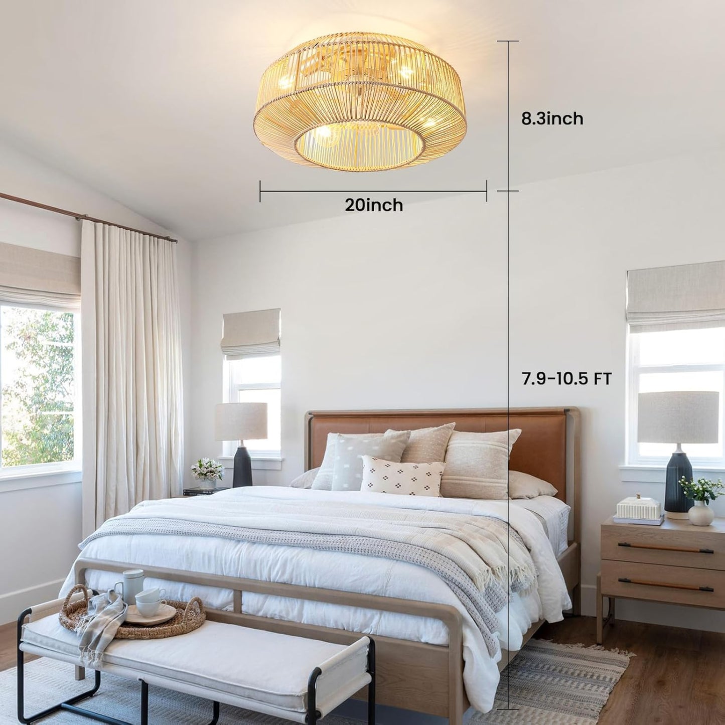 20" Boho Rattan Ceiling Fan with Lights, Flush Mount Caged Ceiling Fan with Remote, 6 Speed, Timing, Reversible Blades Enclosed Farmhouse Fan Lights for Bedroom, Kitchen