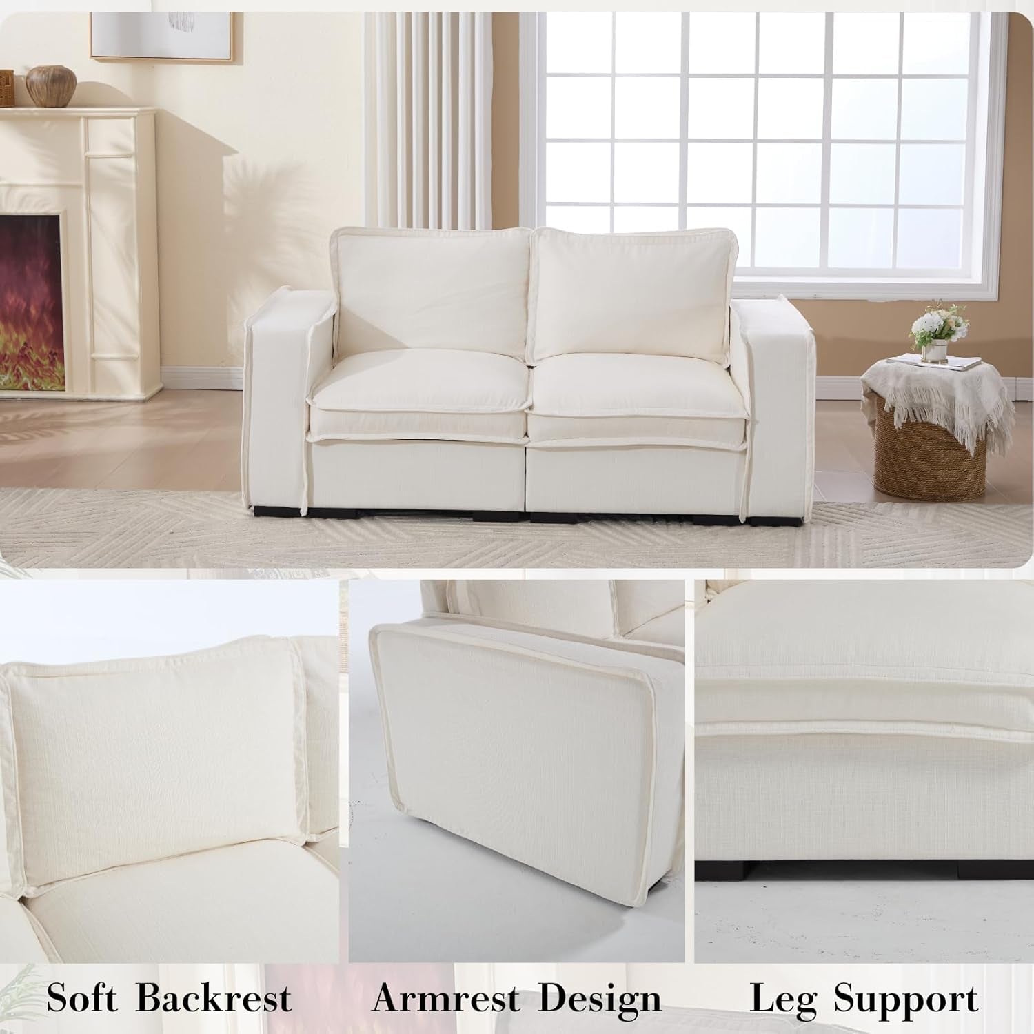 HEAY-YO 67 Inches Modern Modular Sectional Sofa,2-Seater Comfy Couch with High Density Foam and Armrests,Floor Sofa for Living Room Bedroom Apartment,Linen White