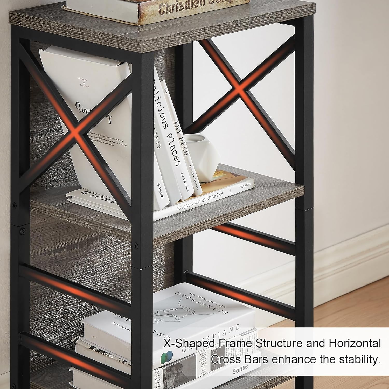 Small Bookcase,3 Tier Industrial Bookshelf with Metal Frame and Backboard,Low Grey Book Shelf,Book Case for Small Spaces,Living Room,Bedroom and Home Office