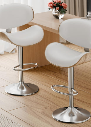 Set of 3 Adjustable Swivel Leather Bar Stools for Kitchen Island - Mid-Century Modern Counter Height Chairs with Backrest and Footrest in Cream White