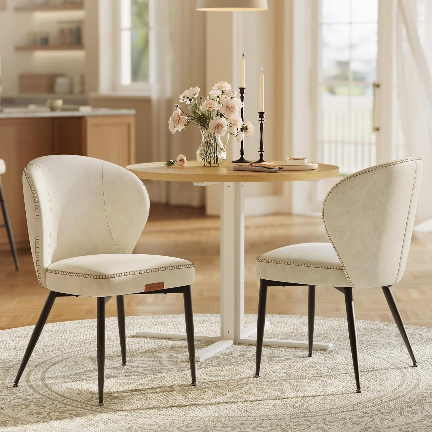 EKHO Collection - Dining Chairs Set of 2, Upholstered Kitchen Chairs, Comfortable Seat, Synthetic Leather with Stitching, Mid-Century Modern, Easy Assembly, Living Room Lounge, Cream White