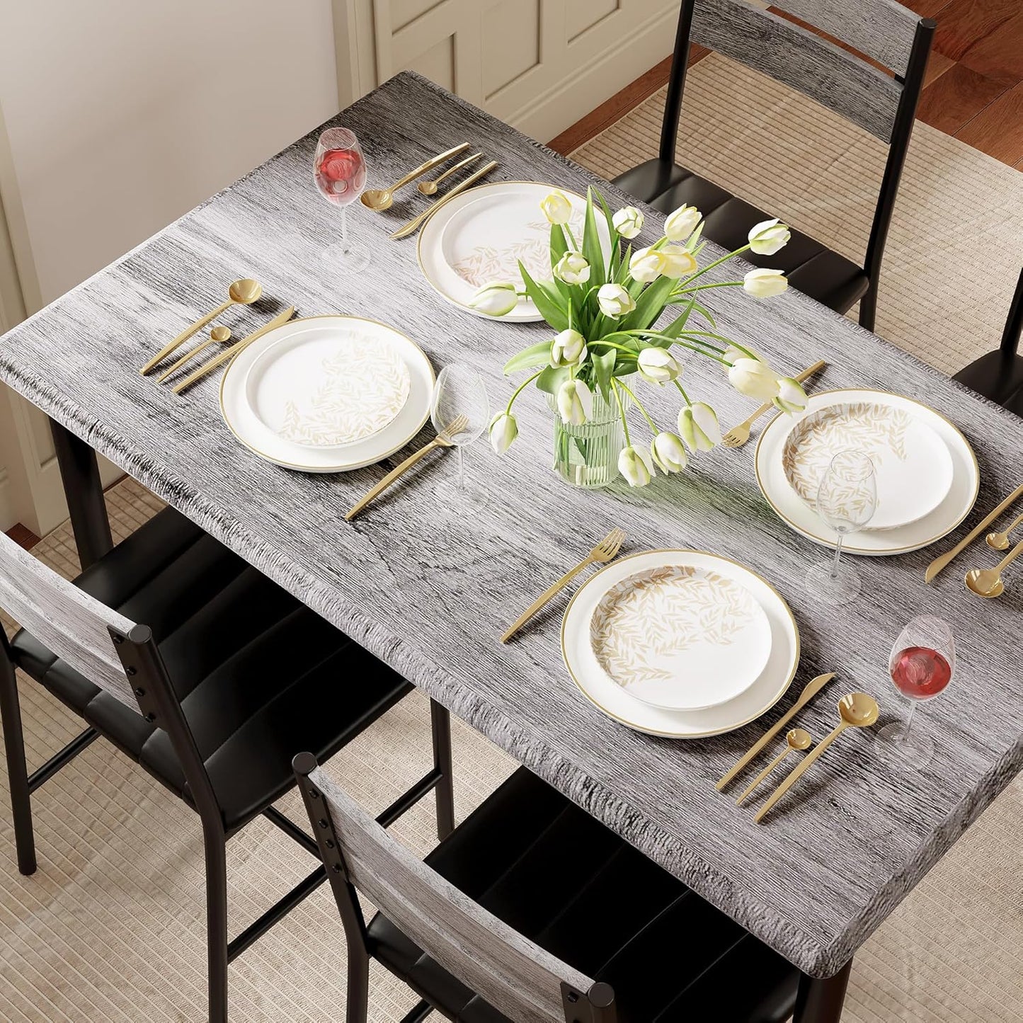 Dining Table Set for 4, Wood Kitchen Table with Upholstered Chairs for Kitchen Room and Small Spaces, Grey