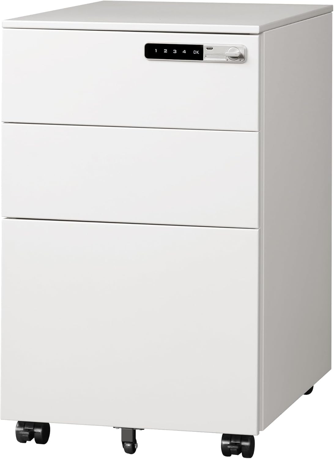 3 Drawer File Cabinet with Combination Lock，Fully Assembled Metal Filling Cabinet except Wheels, Mobile under Desk File Cabinets for Home Office, White