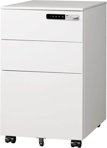 3 Drawer File Cabinet with Combination Lock，Fully Assembled Metal Filling Cabinet except Wheels, Mobile under Desk File Cabinets for Home Office, White