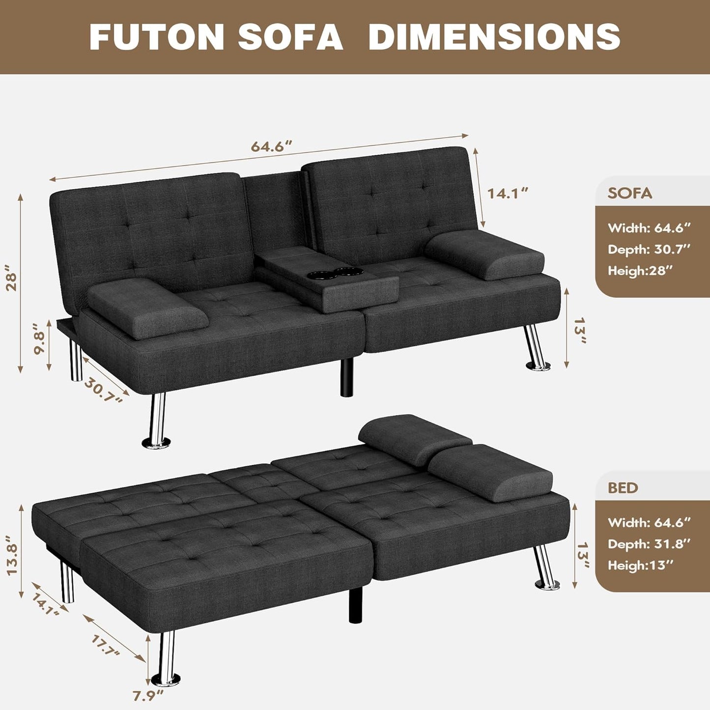Futon Sofa Bed, Futon Couch with Removable Armrests, Adjustable Recliner Sleeper Sofa Bed with Dual Cup Holders for Living Room, Apartment, Office (Fabric, Black)