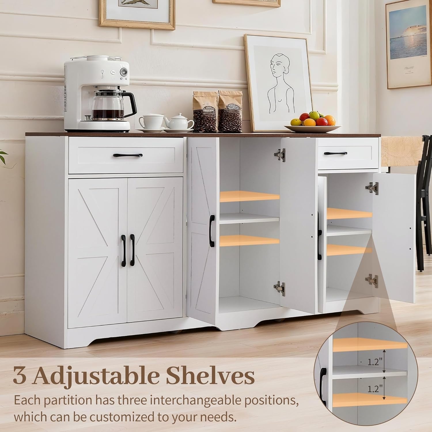 66" Buffet Sideboard Cabinet, Farmhouse Kitchen Buffet with Storage, Wood Coffee Bar Station with Adjustable Shelves and Drawers, Sideboard Credenza for Kitchen, Entryway