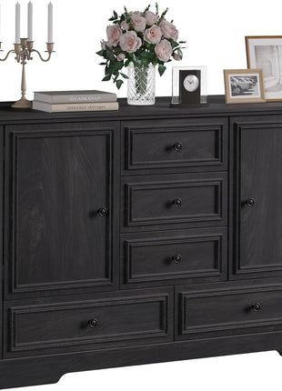 47" Modern Farmhouse Buffet Cabinet with 5 Drawers and Adjustable Shelves, Versatile Sideboard Storage for Dining Room and Kitchen, Black Finish