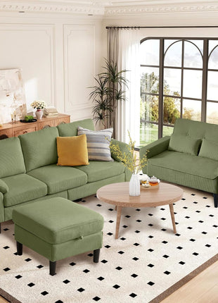 Elevate Your Living Space with Our Elegant 3-Piece Corduroy Sectional Sofa Set, Featuring a Contemporary L-Shaped Design, Removable Cushions, and a Sophisticated Storage Ottoman.