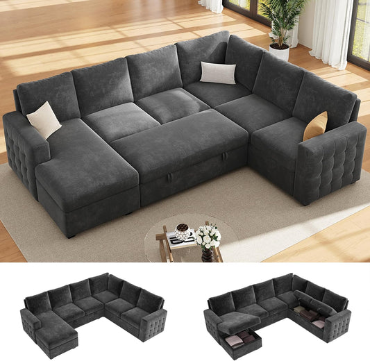 104" Sectional Sleeper Sofa Bed, Pull Out Couch with Storage, Modular Cloud Sofa with Chaise, 7 Seat U Shaped Sectional Couches for Living Room& Apartment, Convertible Sofas, Gray Couch