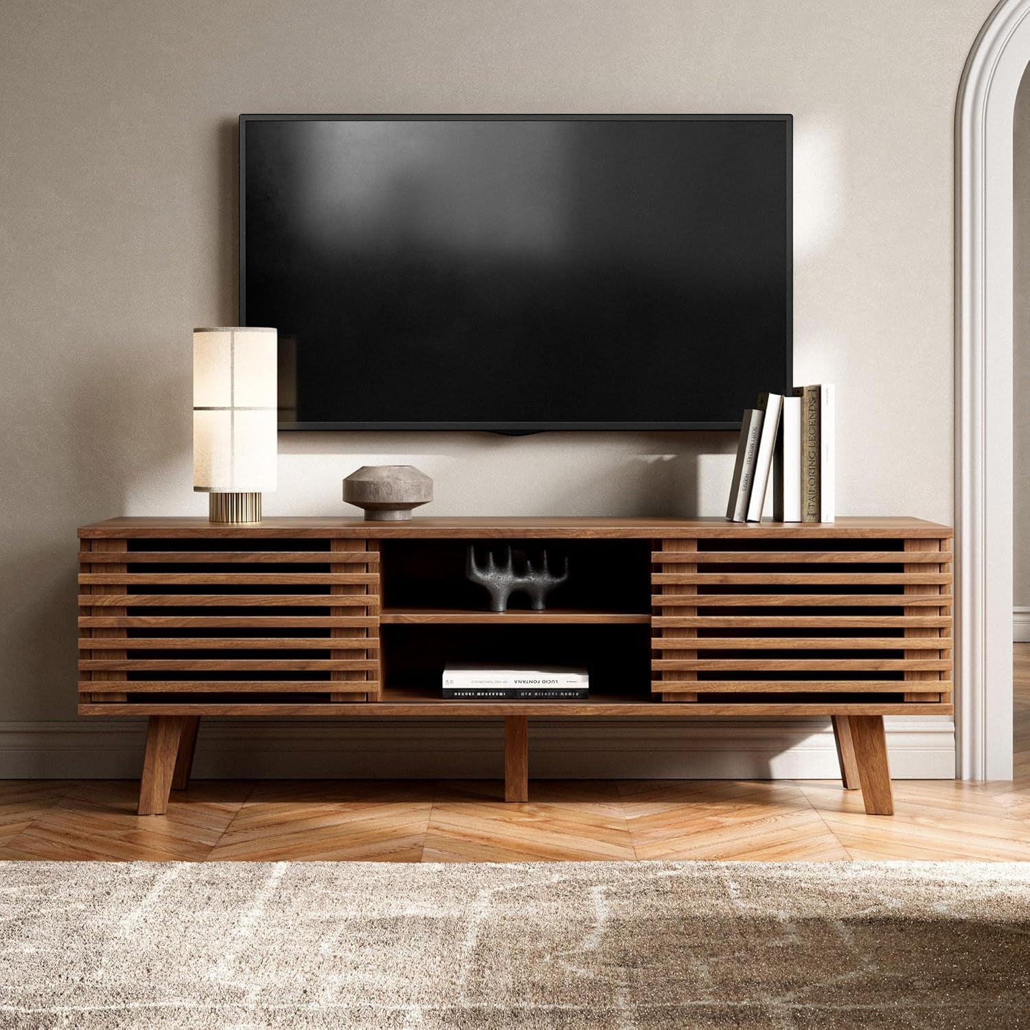 Mid Century Modern TV Stand for 50/55/60 Inch TV, Entertainment Center with Storage & Sliding Door, Wood Media Console, TV Stand for Living Room, Bedroom, Walnut