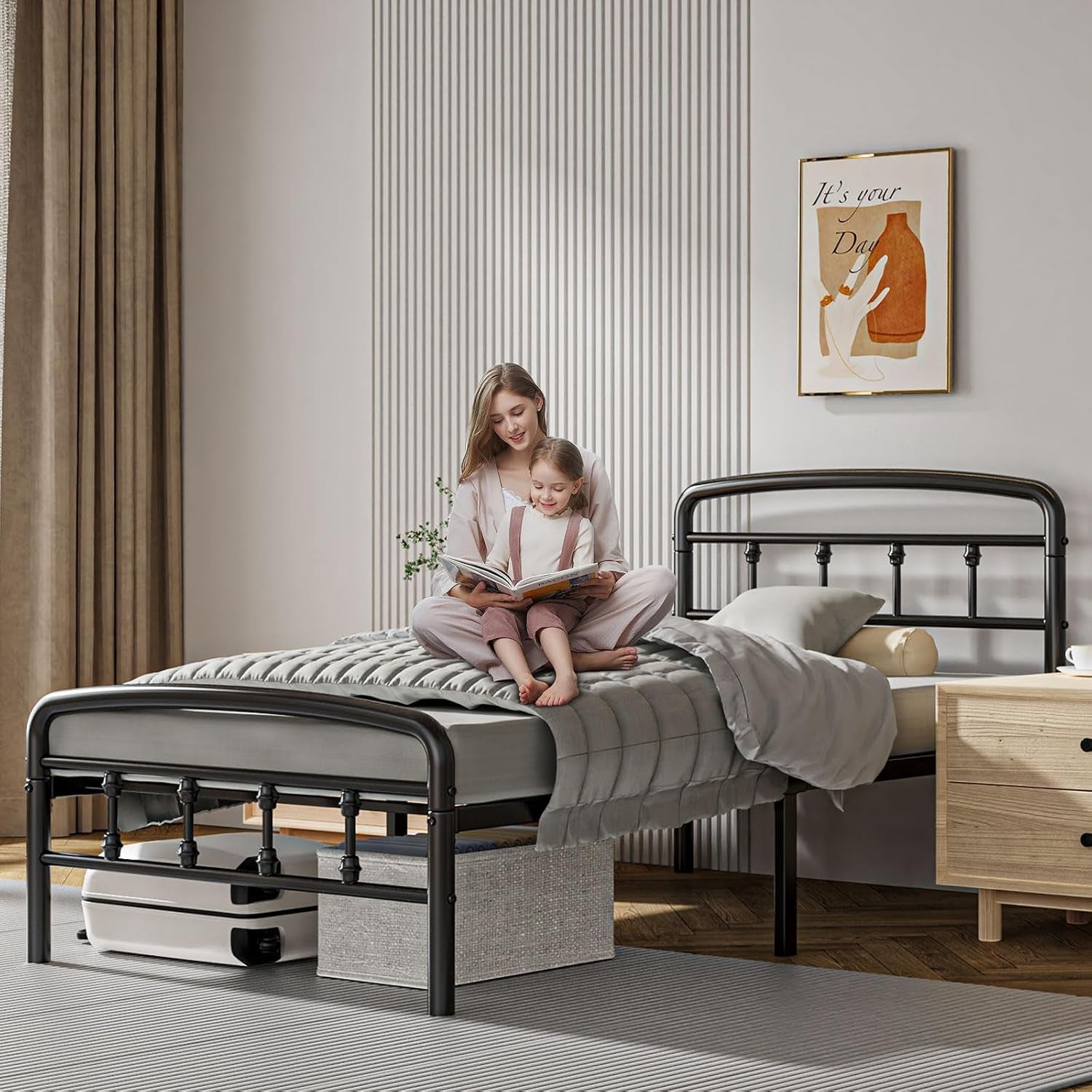 Metal Twin Bed Frames,1500 Lbs Heavy Duty Bed Frames with Headboard,Noise-Free Design & 12" Underbed Storage,No Box Spring Needed/Tool-Free Assembly