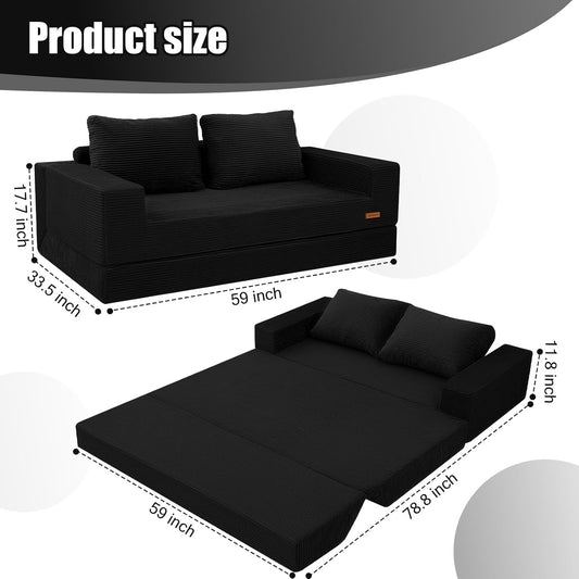 Convertible Sofa Bed Queen, Corduroy Folding Floor Couch Pull Out Couch Bed Futon Sleeper with Pillows, Fold Out Boneless Sofa Comfy Lounge Mattress Loveseat for Living Room Bedroom, Black
