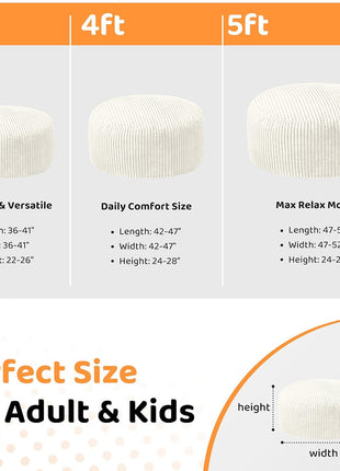 Large 3-Foot Bean Bag Chair for Adults with Striped Plush Cover and Memory Foam, Perfect for Living Room, Bedroom, or Dorm - White