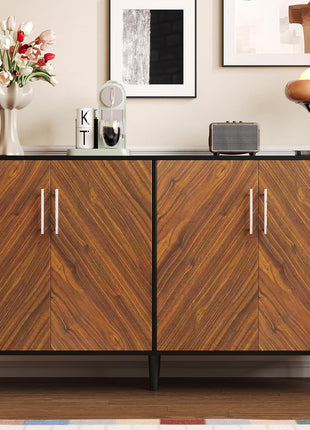 58-Inch Buffet Cabinet with Storage and Adjustable Shelves, Coffee Bar Cabinet Featuring Four Spacious Doors for Living Room and Kitchen, Black Finish