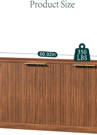 67-Inch Fluted Walnut Buffet Cabinet Sideboard with Ample Storage, Mid-Century Modern Credenza Featuring Six Doors for Kitchen and Living Room (67" W x 31.5" H x 15.7" D)