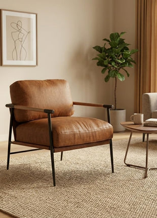 Mid-Century Modern Accent Chair in Brown PU Leather with Black Metal Legs, Perfect for Living Room, Bedroom, or Reception Area