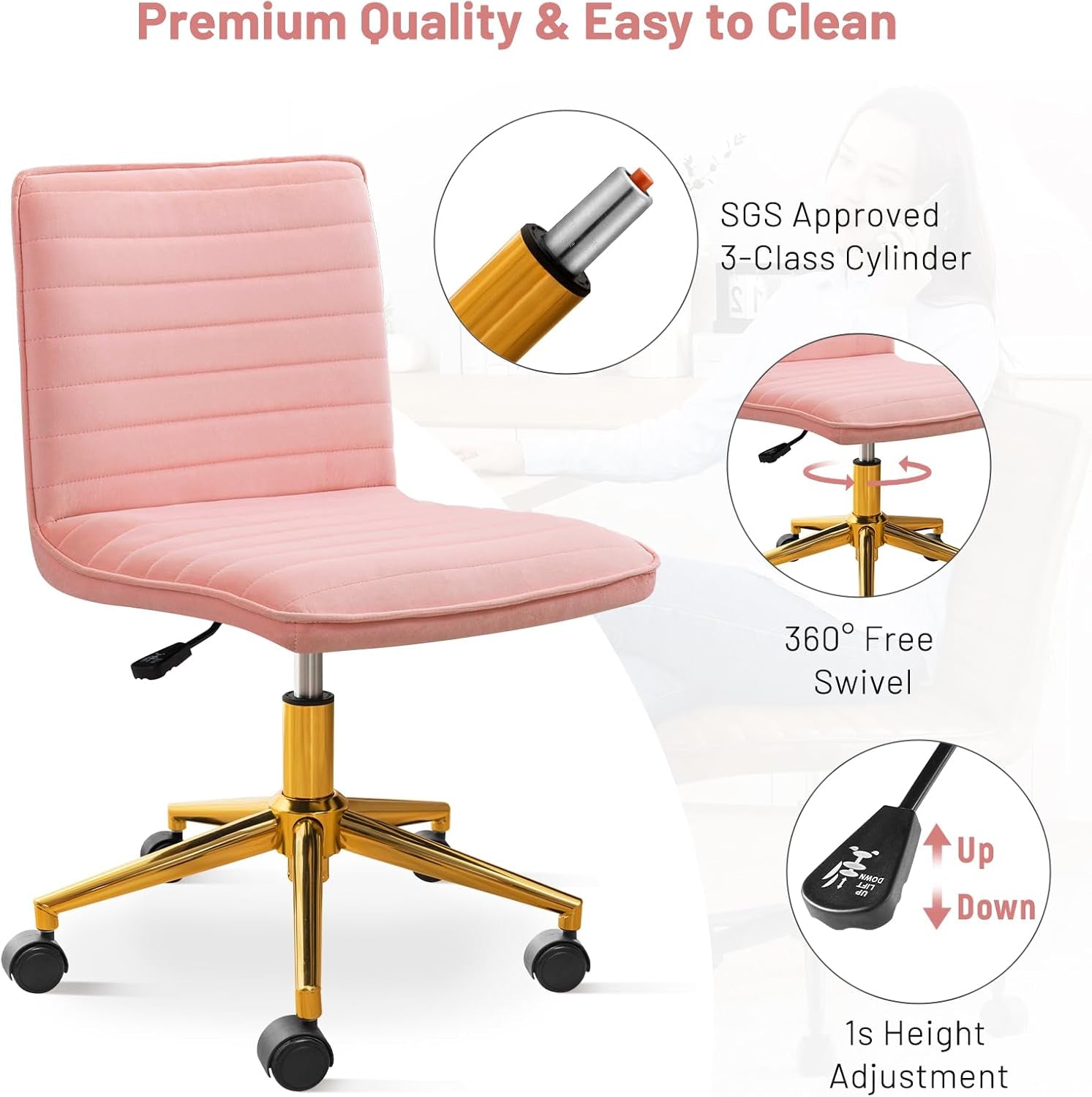 Armless Vanity Chair with Wheels, Computer Rolling Desk Chair with Back, Pink Office Chair with Height Adjustable Soft Velvet Fabic Gold Metal Base Stool,Pink