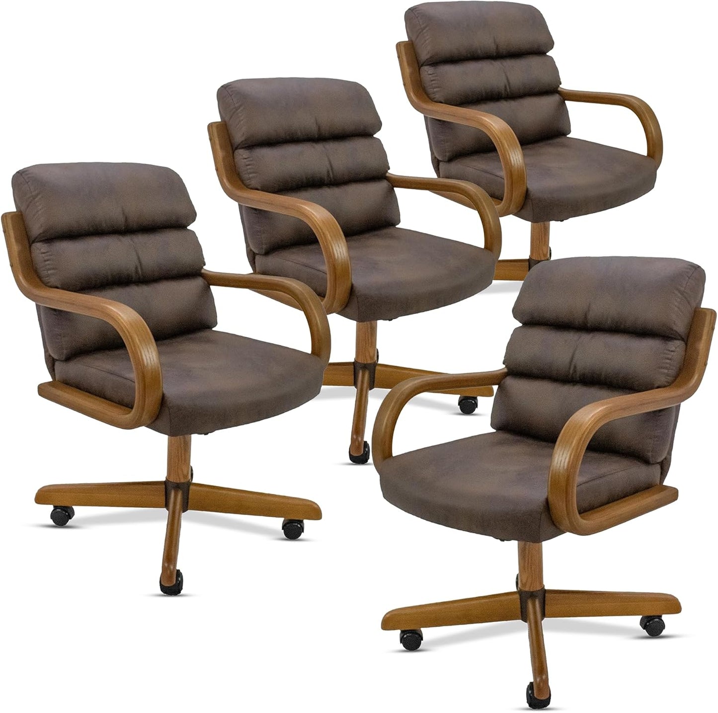 Douglas Set of 4 Swivel-Tilt Dining Chairs with Casters, Upholstered Kitchen Chairs with Wooden Arms & Metal Pedestal Base, Premium Foam Comfort, Mocha-Chestnut