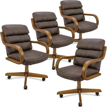 Douglas Set of 4 Swivel-Tilt Dining Chairs with Casters, Upholstered Kitchen Chairs with Wooden Arms & Metal Pedestal Base, Premium Foam Comfort, Mocha-Chestnut