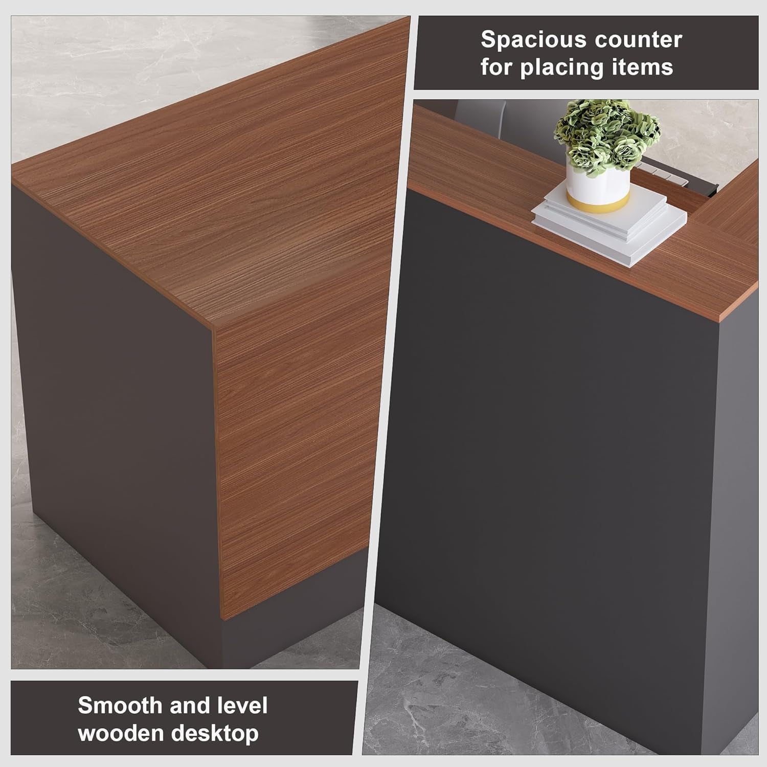 L-Shaped Reception Desk with Lockable Drawers, Adjustable File Cabinet & Keyboard Tray, Modern Front Counter for Office, Salon, or Lobby (Right-L Walnut/Slate Gray, 70.9''L X 23.6''W X 41.3''H)