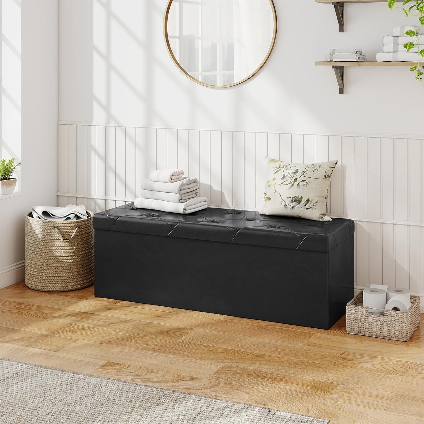 43 Inches Folding Ottoman with Storage Bench, Foot Rest Stool, End of Bed Storage Bench Upholstered, Load 660 Lbs, for Living Room, Lychee Grain Leather, Black