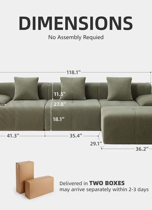 Modern 118" L-Shaped Green Sectional Sofa - Oversized Corduroy Couch for Ultimate Living Room Comfort - No Assembly Required