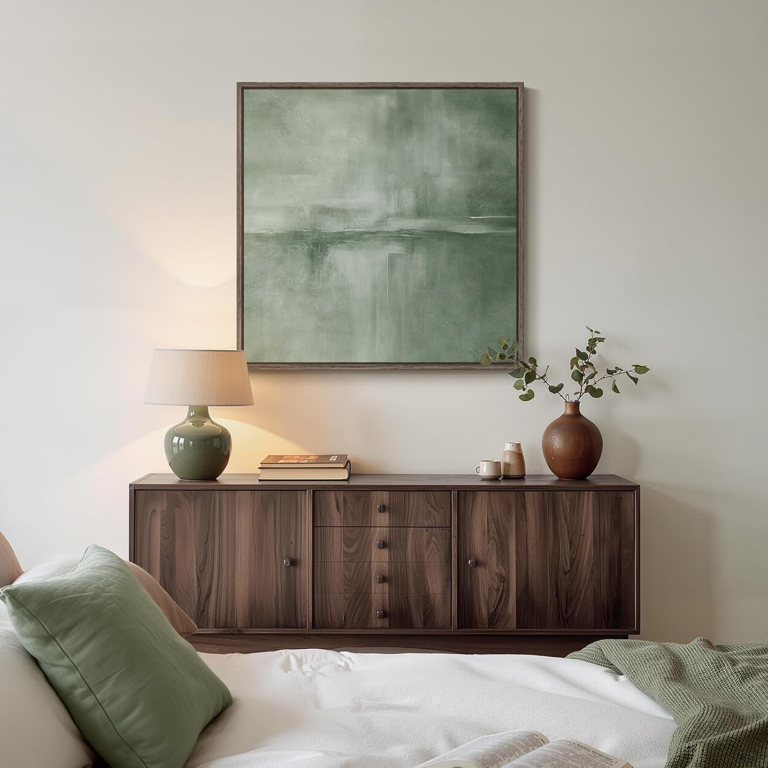 Framed Sage Green Abstract Wall Art, Modern Canvas Prints Artwork for Walls, Square Minimalist All Green Abstract Pictures for Living Room, Hallway, Fireplace, Bedroom, Home Office Wall Decor 30X30 In