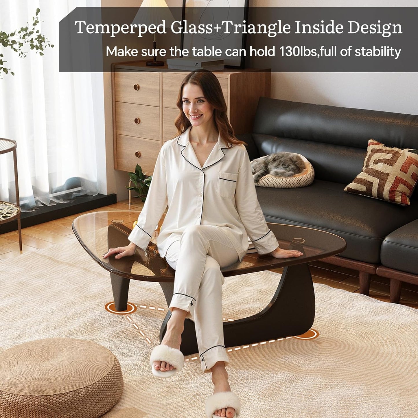 Coffee Table for Living Room Mid Century Modern Center Table with Glass Top, Walnut Transparent